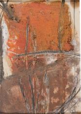 Obraz olejny na papierze, nieregularna warstwa brązowej farby, w górnej partii obrazu znacznie grubsza, w farbie wydrapania robione czarną kredką pozostawiającą linie pionowe proste i poziome po łuku .