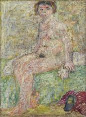Naga kobieta siedzi na łóżku przykrytym zieloną kapą i białą narzutą, jej ciało jest lekko zwrócone w lewą stronę, a głowa patrzy na wprost, na pierwszym planie leżące na podłodze najprawdopodobniej fragmenty ubrania w kolorze czerwonym. Sposób malowania 