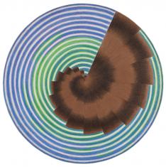 Obraz w technice akrylowej na płótnie, malowany na zasadzie ślimacznicy, pasy zielono-białe biegną od krawędzi w głąb obrazu pozostawiając pasy granatowo-białe, od prawej górnej części obrazu brązowe kliny układające się w 
