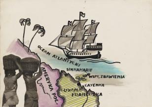 Fotomontaż nieprzedstawiający fragment mapy z wybrzeżem Oceanu Atlantyckiego, na linii osi pionowej rysunek statku, w lewym dolnym rogu dwie kobiety z koszami na głowach wycięte ze zdjęcia.