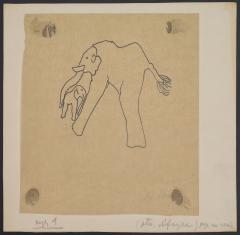 Rysunek konturowy, mocno uproszczony, przedstawiający dwie postaci zwierząt przypominających słonie. Większe z nich, umieszczone w centrum kompozycji, zwrócone jest w lewo. Ogon większego zwierzęcia kończy kita włosów, obok trąby widoczny jest duży kieł. 
