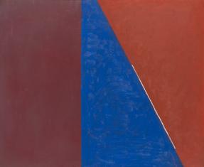 Obraz olejny na płótnie, kompozycja 3 form w 3 kolorach: śliwkowym, niebieskim i czerwonym.