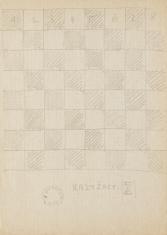 Format pionowy. Papier w kratkę. Rysunek szachownicy o wielkości 8 x 8 pól, zajmujących całą szerokość kartki. Pierwszy rząd pól od góry jest numerowany od 1 do 8. Na dole, pod rysunkiem szachownicy, po lewej stronie znajduje się rysunek okrągłej pieczęci