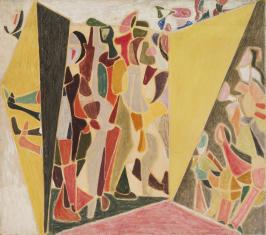 Abstrakcyjna geometryczna wielokolorowa kompozycja, przypominająca układem widok narożnika sceny wraz z dekoracjami, ze stłoczonymi grupami ludzi w kulisach.