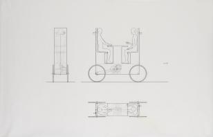 Techniczny rysunek projektu pojazdu przypominającego stolik kawiarniany z dwoma postaciami siedzącymi naprzeciwko siebie, po lewej i na dole dwa inne rzuty projektu.