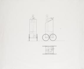Rysunek techniczny - projekt pojazdu poruszanego głosem, przypominającego mównicę. Pokazane trzy widoki z różnych stron.