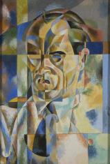 Obraz przedstawiający autoportret artysty złożony z rozszczepionych, wielokolorowych geometrycznych form.