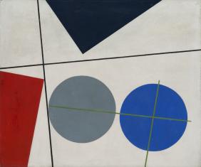 Reprodukcja obrazu. W poziomie na białym tle cztery figury geometryczne: dwa okręgi szary i niebieski oraz przylegające do krawędzi granatowy trójkąt i czerwony trapez. 