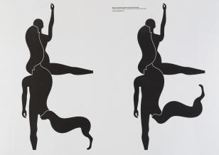 Grafika przedstawiająca na białym tle czarne schematyczne figury kobiety, mężczyzny i psa przenikające się i połączone niczym w jeden organizm.