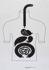 Grafika przedstawiająca na białym tle czarny kontur schematycznego tułowia. Nie ma głowy ani rąk, we wnętrzu zamiast narządów wewnętrznych umieszczone zostały różne rodzaje kiełbasy.
