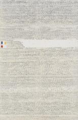 Kompozycja abstrakcyjna na płótnie - na jasnym tle złożonym z białej i cielistej farby grupy drobnych kreseczek ułożone w rzędach i przekreślone, tak jak w archaicznym kalendarzu. W około dwóch trzecich wysokości kompozycji pozostawiony pas bieli, po lewe