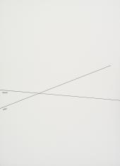 Rysunek tuszem na papierze, nieco poniżej osi poziomej 2 krzyżujące się linie, dłuższa i krótsza, na początku górnej linii, pod nią napis 