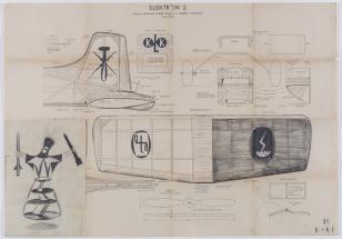 Podłożem rysunku jest instrukcja złożenia modelu samolotu. Przy górnej krawędzi centralnie umieszczony napis: Elektron 2 / Zdalnie kierowany model latający z napędem silnikowym / (ciąg dalszy).  Ponizej liczne 