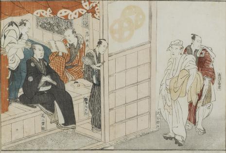  Toyokuni Utagawa, Pięciu aktorów w garderobie teatru i na ulicy