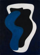 Na ciemnogranatowym tle trzy kształty - niebieski, ciemnogranatowy i biały- razem tworzące obraz przypominający wazę.