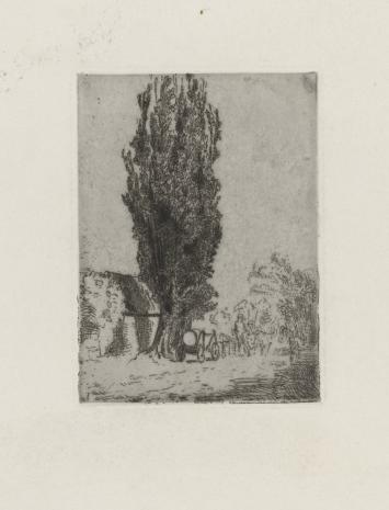  Hans Herrmann, Krajobraz z wozem stojącym pod dużym drzewem