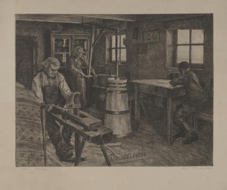  Erich Fuchs, Wnętrze izby chłopskiej, z kobietą robiącą masło