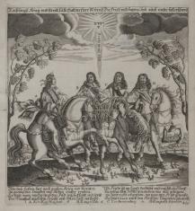 Czterej władcy na koniach: Leopold I, Jan Kazimierz, elektor brandenburski, Karol X Gustaw - alegoria związana z pokojem w Oliwie, 1660