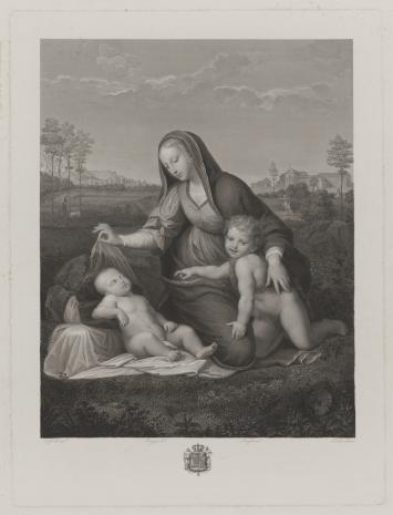  Paolo Toschi, Matka Boska osłaniająca welonem śpiące Dzieciątko, obok św. Jan Chrzciciel