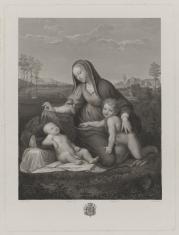 Matka Boska osłaniająca welonem śpiące Dzieciątko, obok św. Jan Chrzciciel