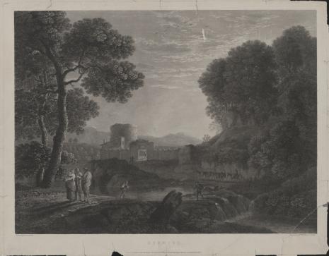  William Woollett, Krajobraz z ruinami zamku i sztafażem figuralnym