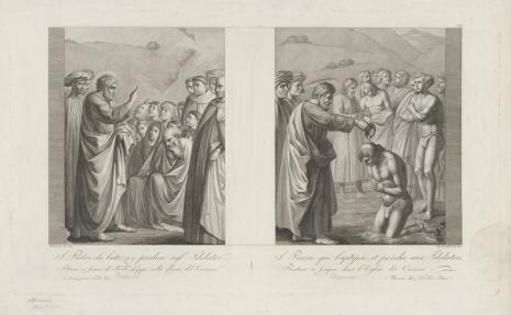  Carlo Lasinio, Dwie sceny na jednej planszy: 1. św. Piotr nawracający pogan 2. św. Piotr udzielający chrztu poganom