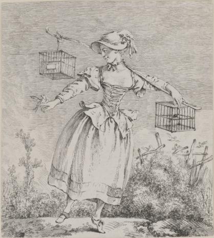  autor nieznany, Dziewczyna z dwiema klatkami na ptaki