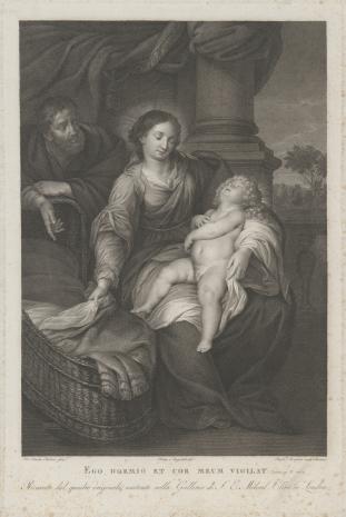 Raphael Morghen, Matka Boska z śpiącym Dzieciątkiem na kolanach, obok kołyski św. Józef