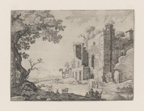  Giuseppe Baretta, Krajobraz z ruinami budowli i sztafażem figuralnym