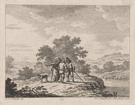  Johann Christoph Dietzsch, Krajobraz nadrzeczny z grupą trzech wieśniaków z psem