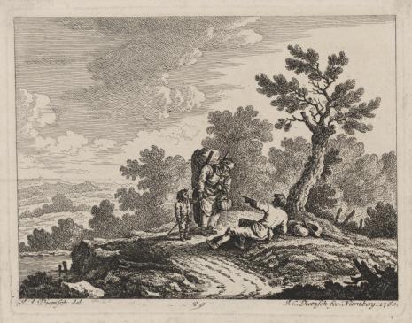  Johann Christoph Dietzsch, Krajobraz nadrzeczny z kobietą z dzieckiem, rozmawiającą z mężczyzną siedzącym pod drzewem