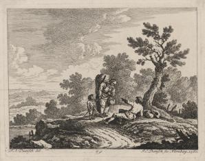 Krajobraz nadrzeczny z kobietą z dzieckiem, rozmawiającą z mężczyzną siedzącym pod drzewem