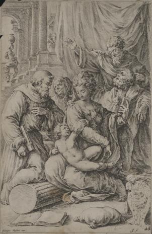  Jan de Bisschop, Madonna z Dzieciątkiem na kolanach, adorowana przez świętych