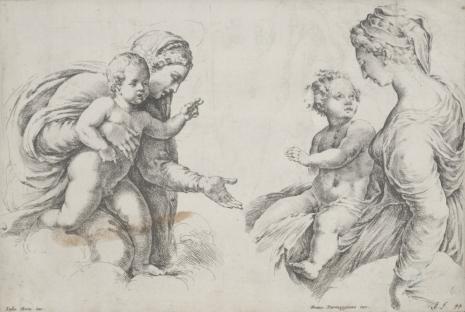  Jan de Bisschop, Dwie ryciny na jednej planszy: 1. Madonna obejmująca ręką Dzieciątko 2. Madonna z Dzieciątkiem na kolanach