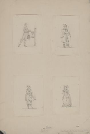  Jean Auguste Dubouloz, Cztery rysunki naklejone na jednym kartonie, studia postaci: 1. Mężczyzna rzucający monetę do puszki 2. Dorożkarz 3. Mężczyzna trzymający laskę i cylinder 4. Postać kobiety