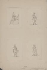Cztery rysunki naklejone na jednym kartonie, studia postaci: 1. Mężczyzna rzucający monetę do puszki 2. Dorożkarz 3. Mężczyzna trzymający laskę i cylinder 4. Postać kobiety