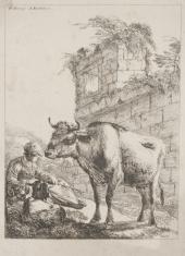 Pasterz z kozą i krową na tle ruin