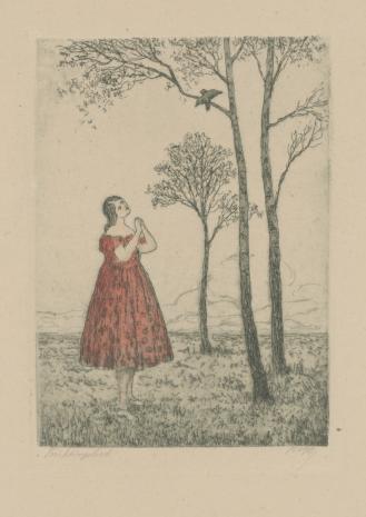  Johann Cornelius Riger, Dziewczyna stojąca pod drzewem, słuchająca śpiewu ptaka