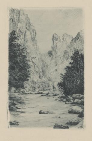  Johann Cornelius Riger, Krajobraz z rzeką płynącą u podnóża skał