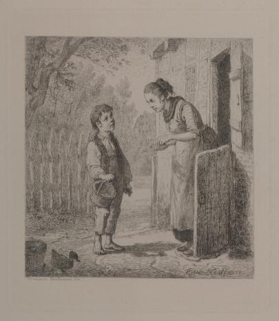  Herman starszy Kauffmann, Kobieta i chłopiec z koszem przed domem wiejskim