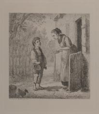 Kobieta i chłopiec z koszem przed domem wiejskim