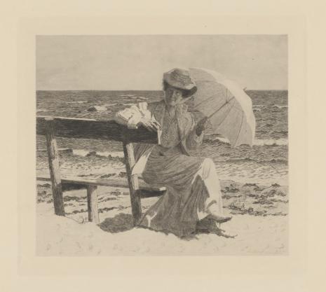  Schönefeld Ernst Wilhelm Müller, Kobieta siedząca na ławce nad brzegiem morza