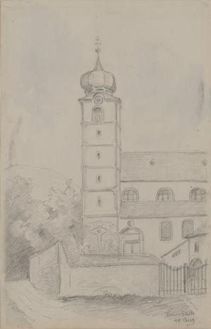  Ernst Erwin Oehme, Kościół w Krumbach; (na odwrociu) Szkic gałęzi