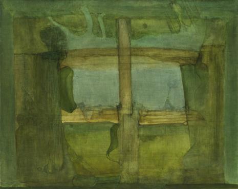  Jerzy Stajuda, Wnętrze z drewnianą kolumną w deszczu