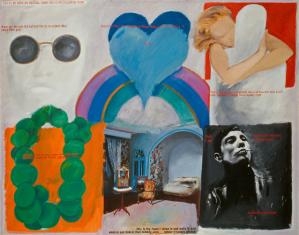 Obraz olejny na płótnie, kompozycja figuralna podzielona na 6 pól przedstawiające 6 różnych obrazów, kolejno od góry po lewej: ciemne okulary, serce z tęczą, kobietę obejmującą obrys sylwetki mężczyzny, zielone koliste korale na pomarańczowym tle, wnętrze