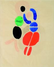 Kompozycja kolorowych, geometrycznych form układających się w dwie tańczące postacie. Postać po lewej stronie składa się z okręgów różowego (twarz), zielonego i czarnego i różowych nóg, postać po prawej stronie różową twarz, niebieski kaftan i czerwone sp