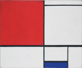 Kompozycja abstrakcyjna w typie kompozycji neoplastycznej - na białym tle siatka czarnych linii wyznacza pola w kształcie prostokątów, dwa z nich są wypełnione kolorem. Największe w lewym górnym rogu na czerwono, mniejsze przy dolnej krawędzi na niebiesko