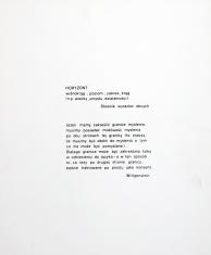 Na białej kartce, zapisany maszynowo tekst pod tytułem Horyzont