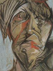 Wykonany pastelami portret mężczyzny, ekspresyjne linie układają się w zdeformowaną twarz. Użyte kolory to czerń konturów, biel i jasny błękit podkreślające światła,  oraz żółć, pomarańcz i róż podkreślające cechy twarzy.  Oko po lewej stronie szczegółowo