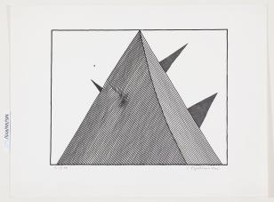 Abstrakcyjny rysunek ujęty w prostokątną ramę, ukazujący formę zbliżoną do piramidy najeżonej trzema spiczastymi ostrzami; ostrosłup pokryty prążkami umieszczono na białym tle.